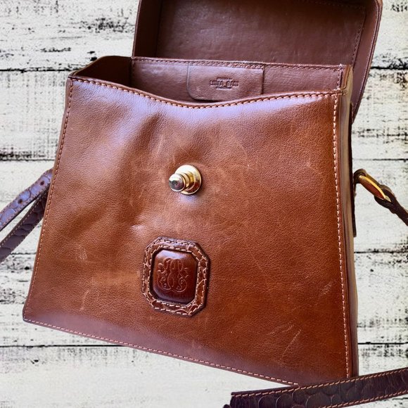 Linea Gani Brown Leather Hard Case Handbag Vintage 70's Crossbody Croc Trim - Picture 9 of 15